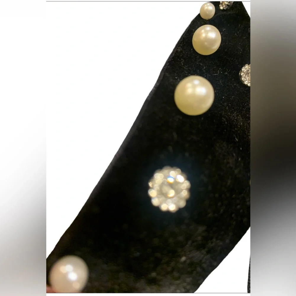 Set Of 2 Hair Clip Bows Capelil NY Lux White Pearl Black Velvet Rhinestones